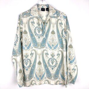Silk Icon Blouse Women's S Cream Blue Paisley Print 100% Silk Tunic Shirt